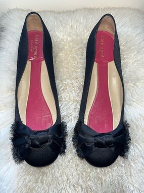 kate spade Black Satin Bow Trim Ballet Flats